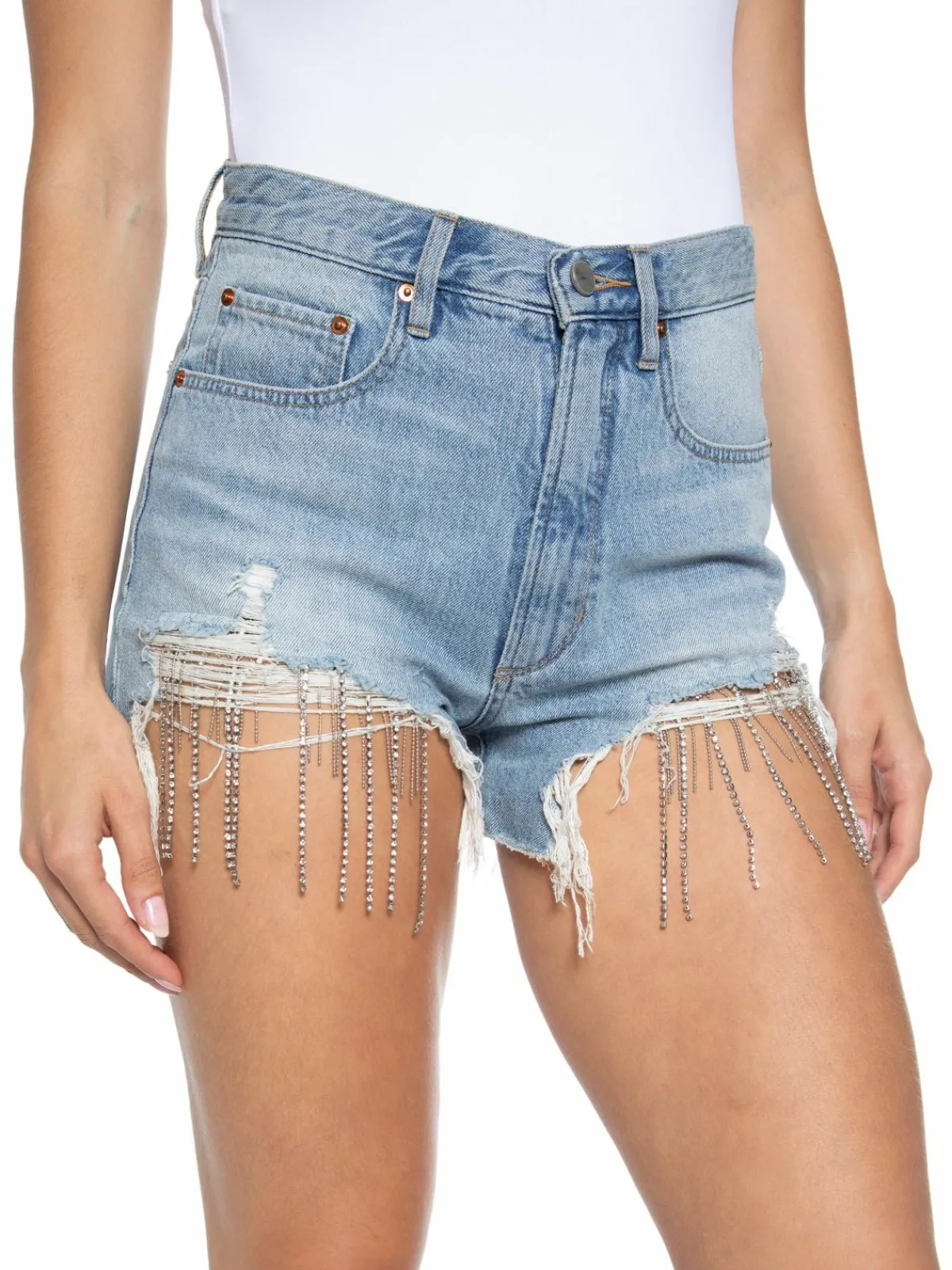 Women Blue Revival All Chained Up High Rise Frayed Denim Shorts