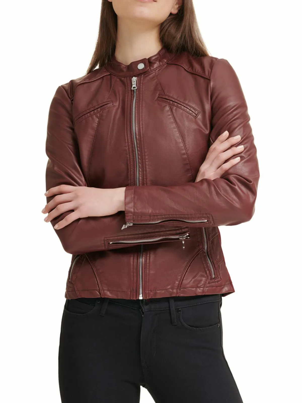 Women Guess Band Collar Faux Leather Jacket