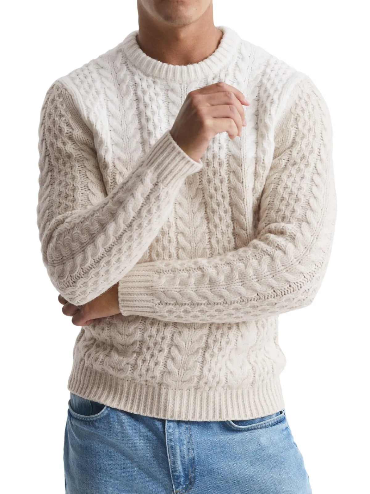 Reiss Sweaters|Bankside Cable Knit Wool Blend Sweater Ecru Oatmeal