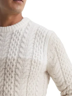 Reiss Sweaters|Bankside Cable Knit Wool Blend Sweater Ecru Oatmeal