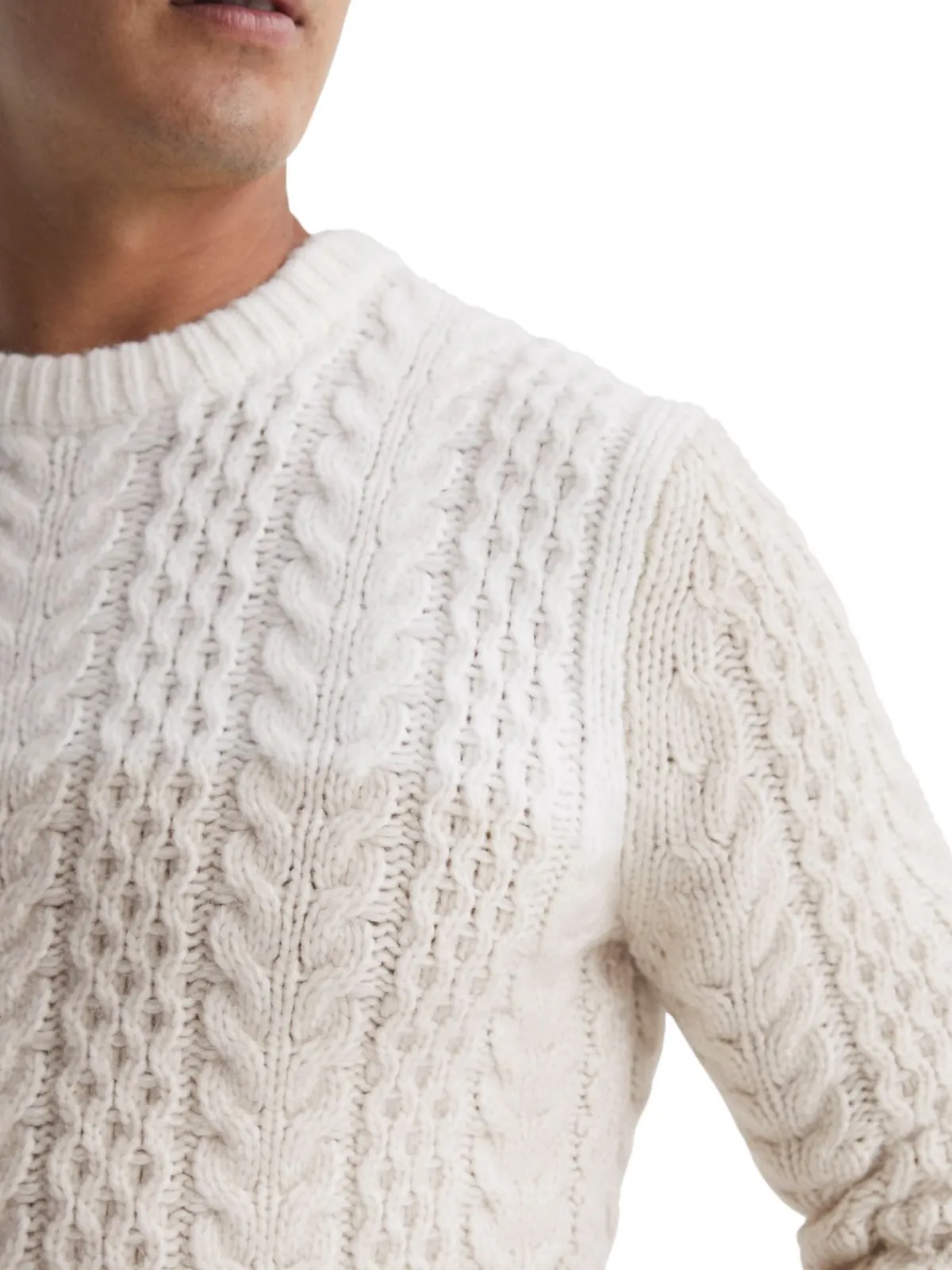 Reiss Sweaters|Bankside Cable Knit Wool Blend Sweater Ecru Oatmeal