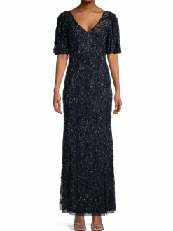 Women Aidan Mattox Beaded V-Neck Sheath Gown