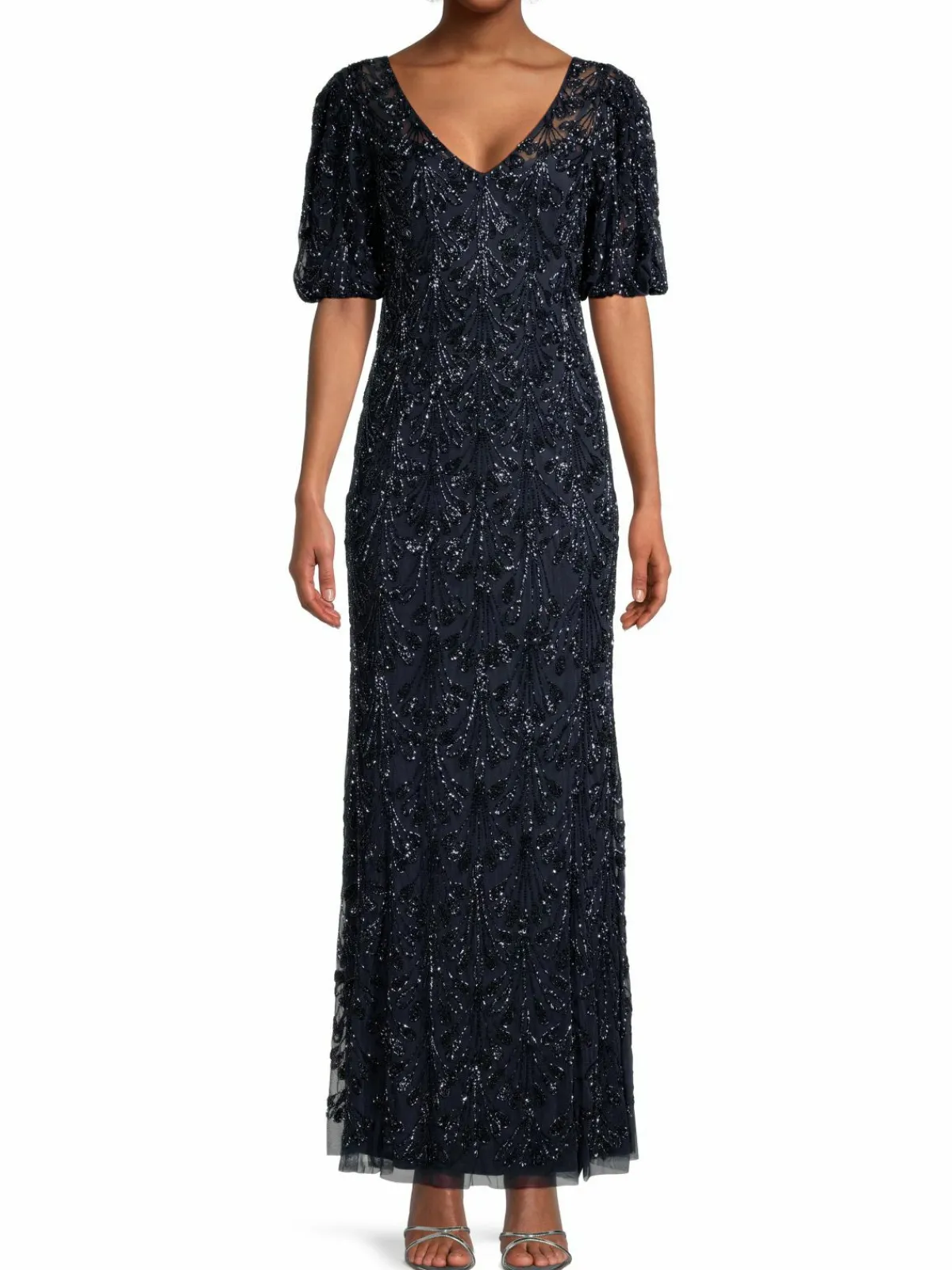 Women Aidan Mattox Beaded V-Neck Sheath Gown