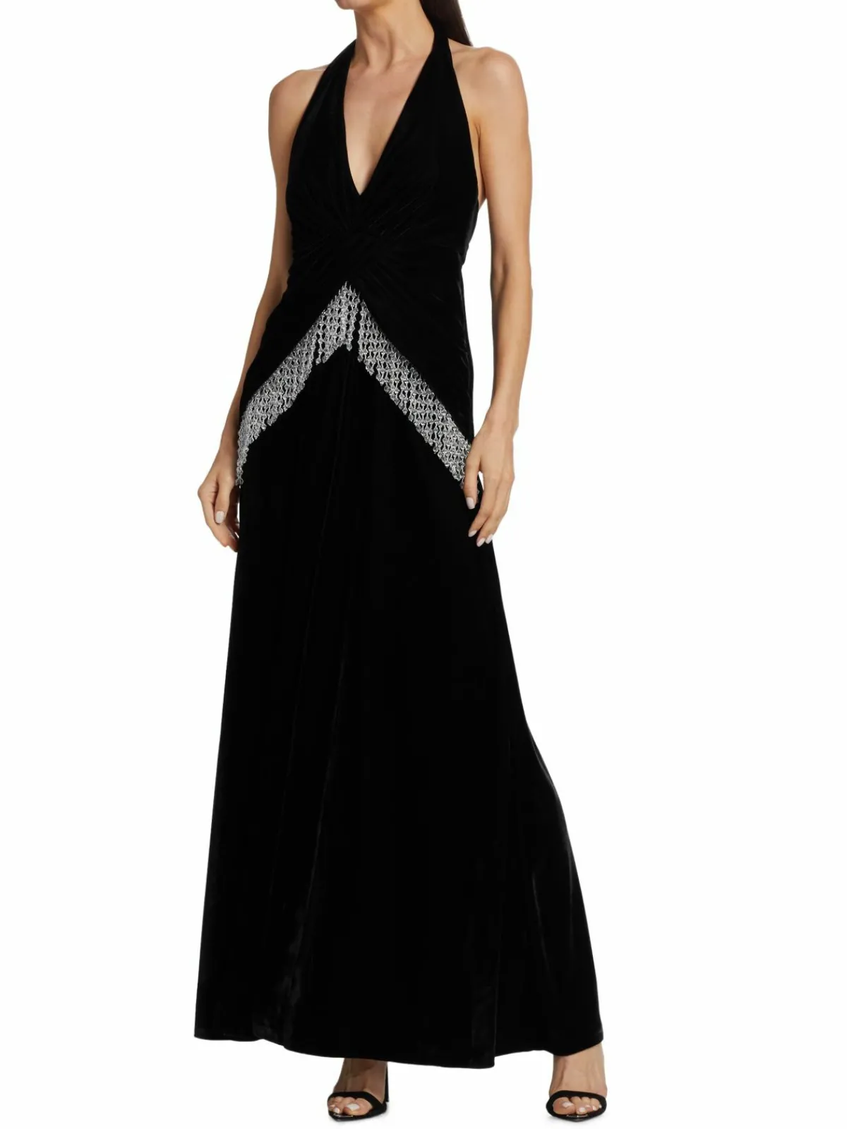 Women PatBO Bead-Fringe Plunge Velvet Gown