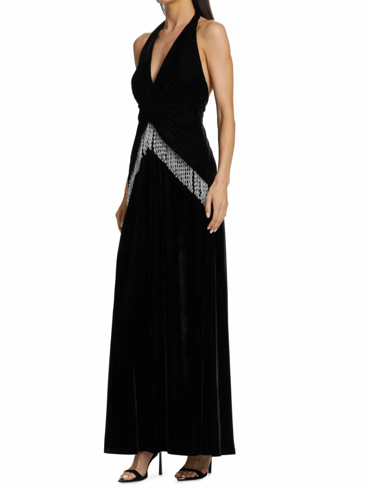 Women PatBO Bead-Fringe Plunge Velvet Gown