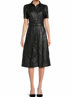 Women Tahari Belted Faux Leather Midi Shirtdress