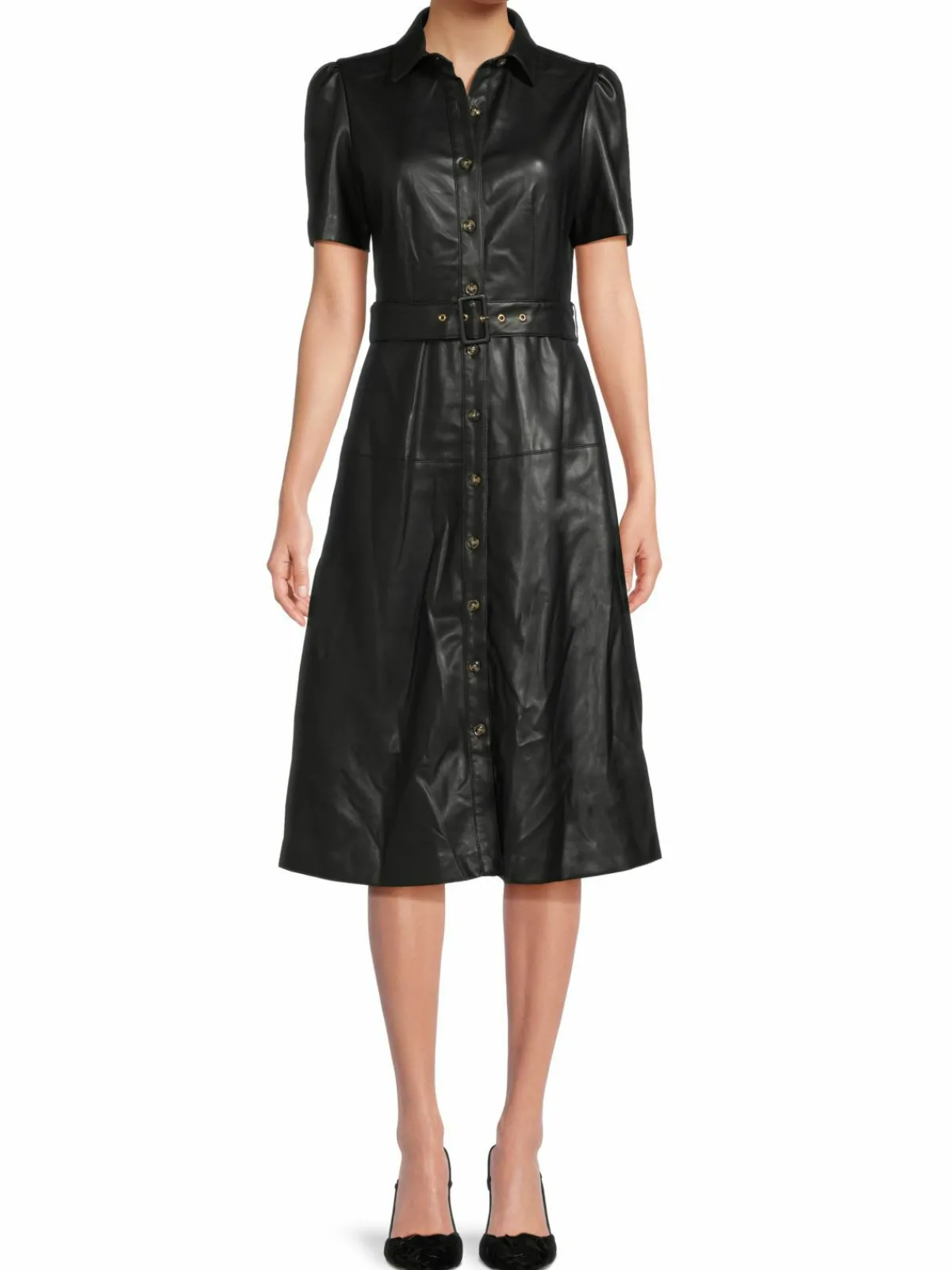 Women Tahari Belted Faux Leather Midi Shirtdress