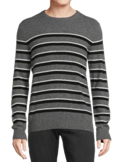 Saks Fifth Avenue Cashmere|Cashmere Stripe Crew Sweater Stone Grey
