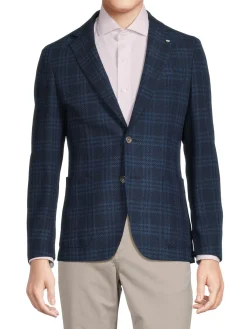 BOSS Blazers & Sportcoats|C-Hanry-224 Slim Fit Plaid Virgin Wool Blend Sportcoat Navy
