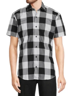 Bertigo Casual Button-Down Shirts|Checked Short Sleeve Button Down Shirt Black