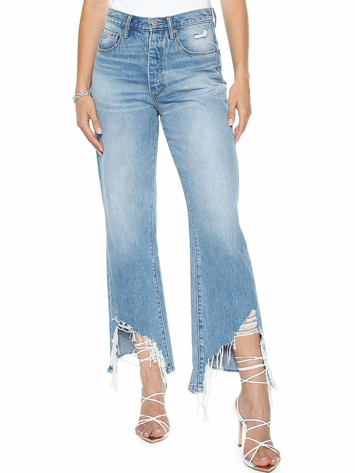 Women Blue Revival Chop Shop High Rise Frayed Hem Straight Jeans