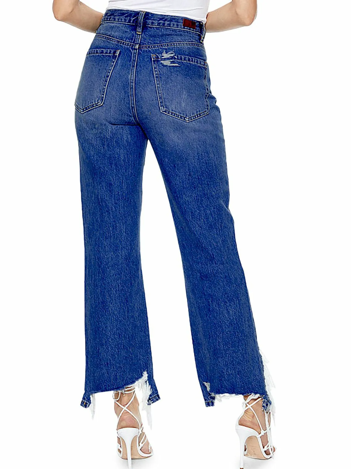 Women Blue Revival Chop Shop High Rise Frayed Hem Straight Jeans