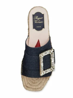 Roger Vivier Crystal & Denim Espadrille Slides