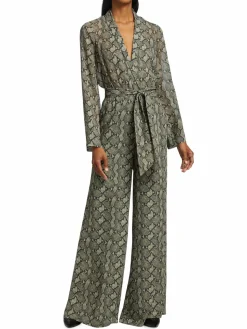 Women L'AGENCE Echo Belted Snakeskin-Print Jumpsuit