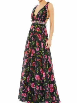 Women Mac Duggal Embellished Belt Floral Flared Gown