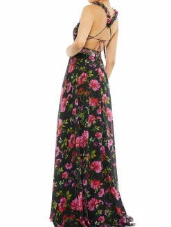 Women Mac Duggal Embellished Belt Floral Flared Gown