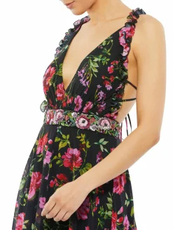 Women Mac Duggal Embellished Belt Floral Flared Gown