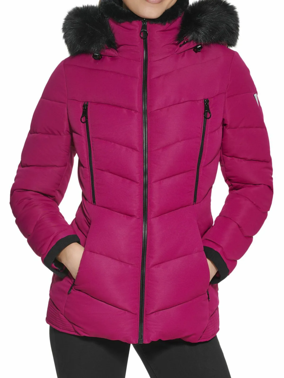 Women Guess Faux Fur Lined Hooded Puffer Jacket