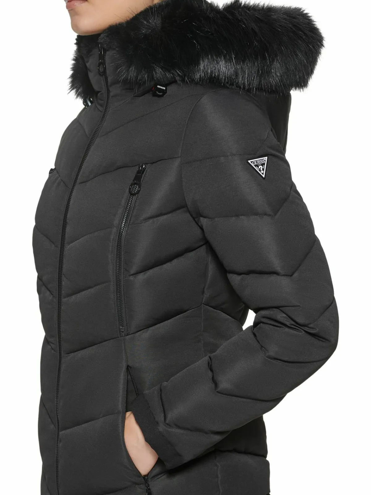 Women Guess Faux Fur Lined Hooded Puffer Jacket