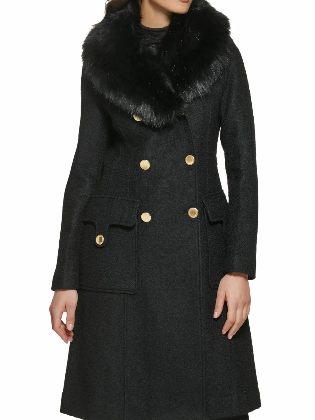 Women Guess Faux Fur Trim Double Breasted Coat