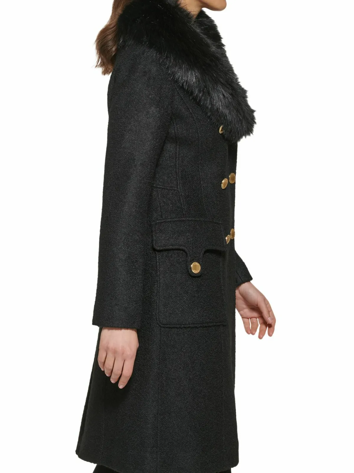 Women Guess Faux Fur Trim Double Breasted Coat