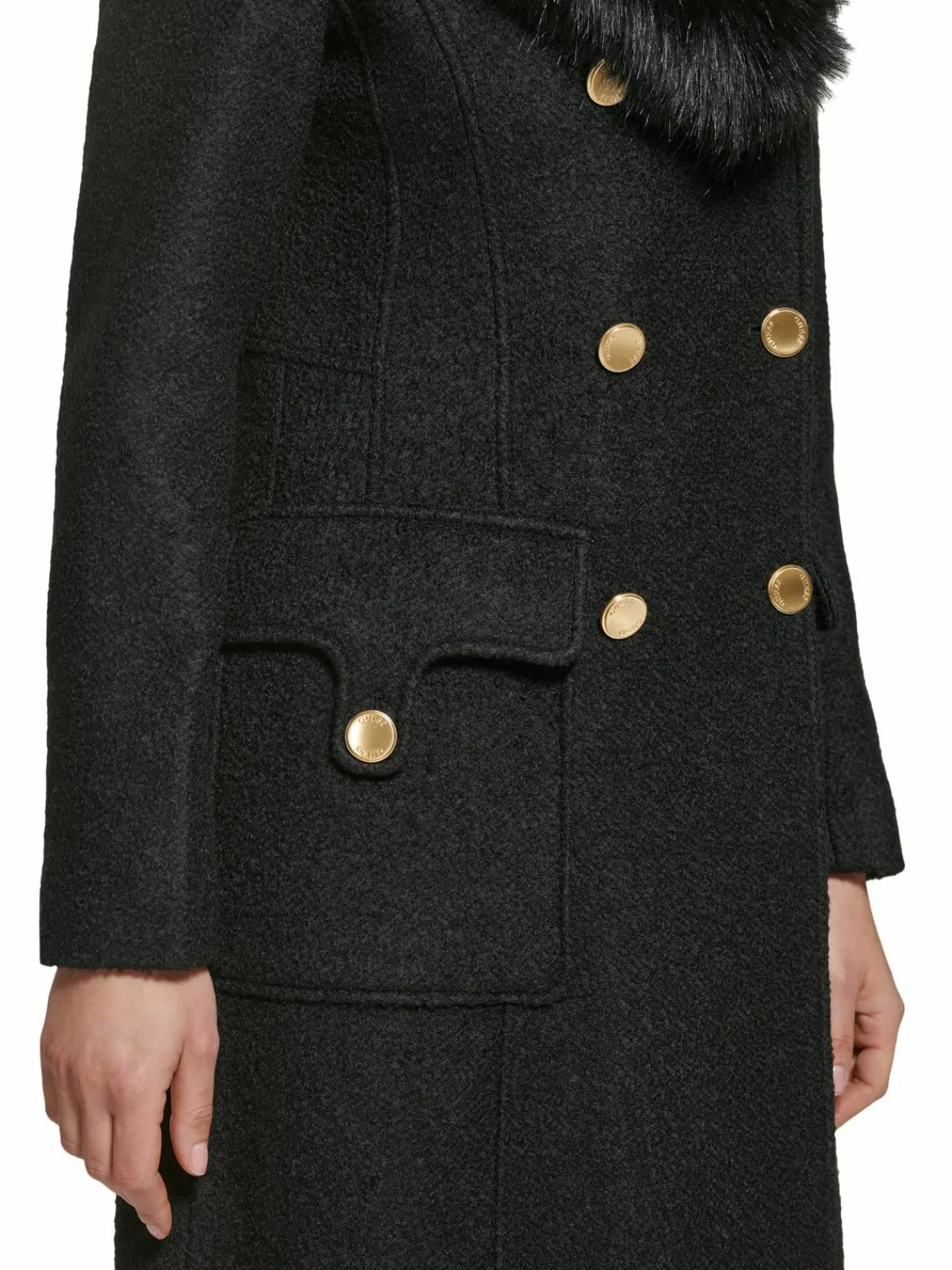 Women Guess Faux Fur Trim Double Breasted Coat