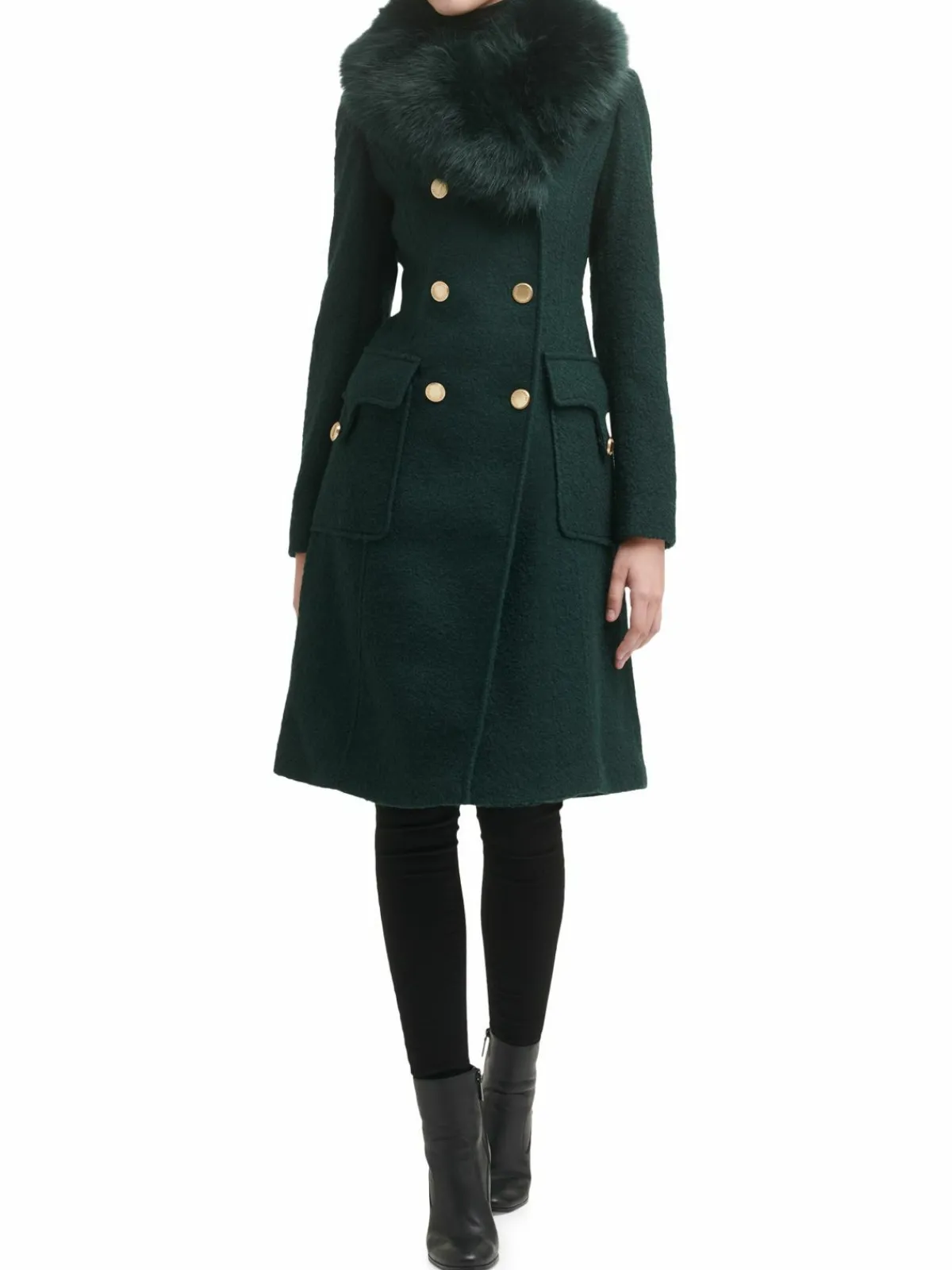 Women Guess Faux Fur Trim Double Breasted Coat