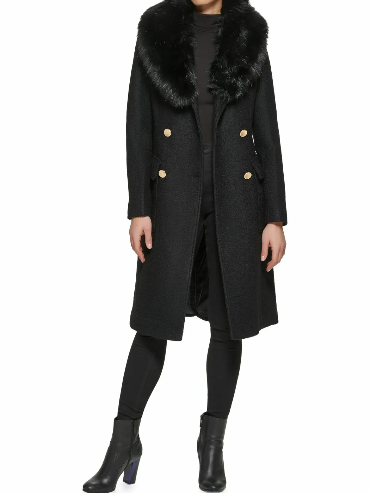 Women Guess Faux Fur Trim Double Breasted Coat
