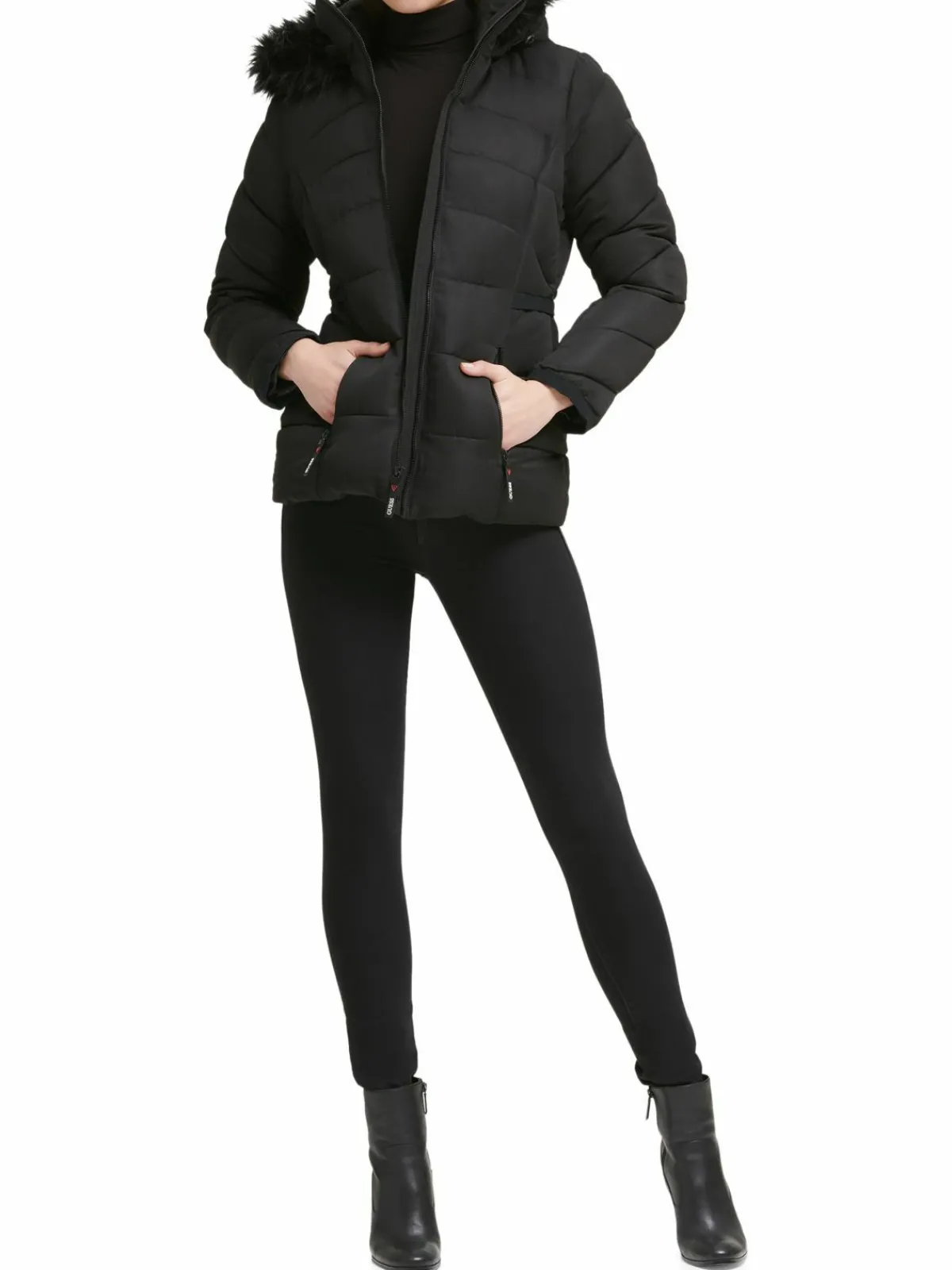 Women Guess Faux Fur Trim Hooded Puffer Jacket