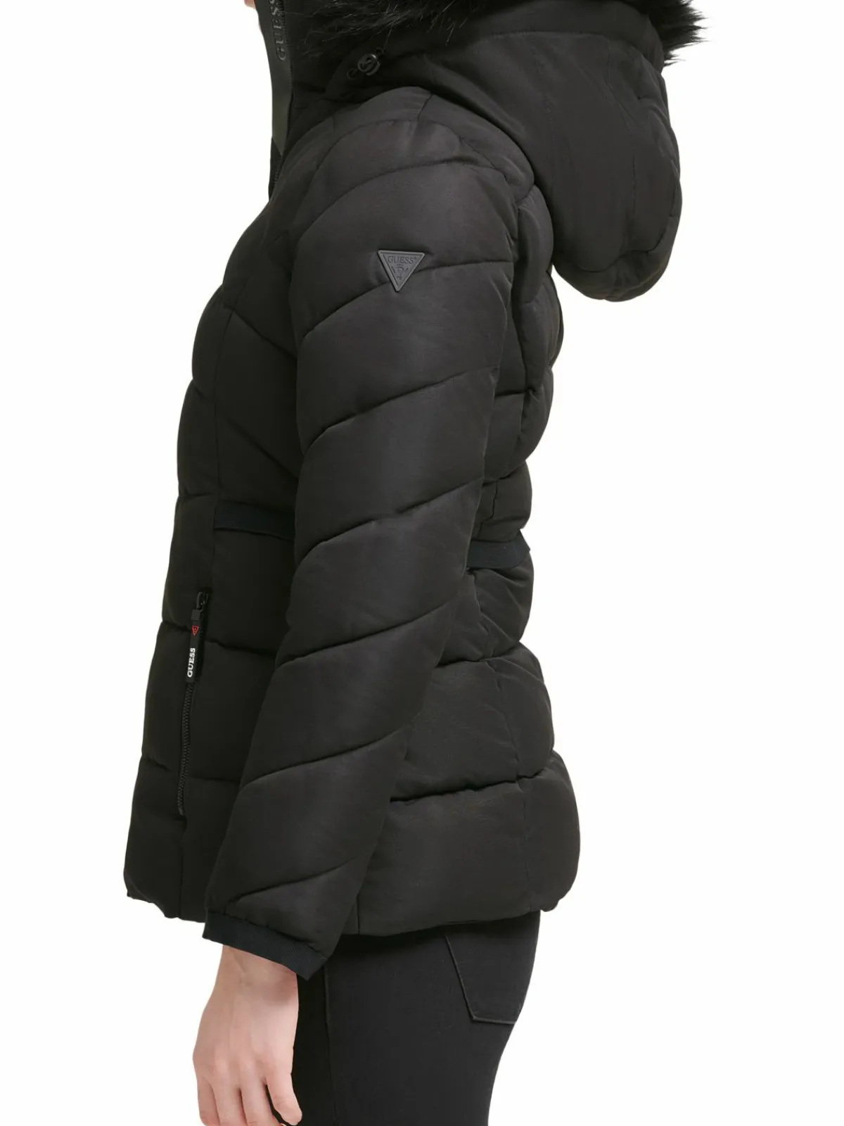 Women Guess Faux Fur Trim Hooded Puffer Jacket