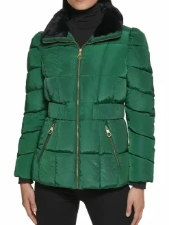 Women Guess Faux Fur Trim Quilted Puffer Jacket