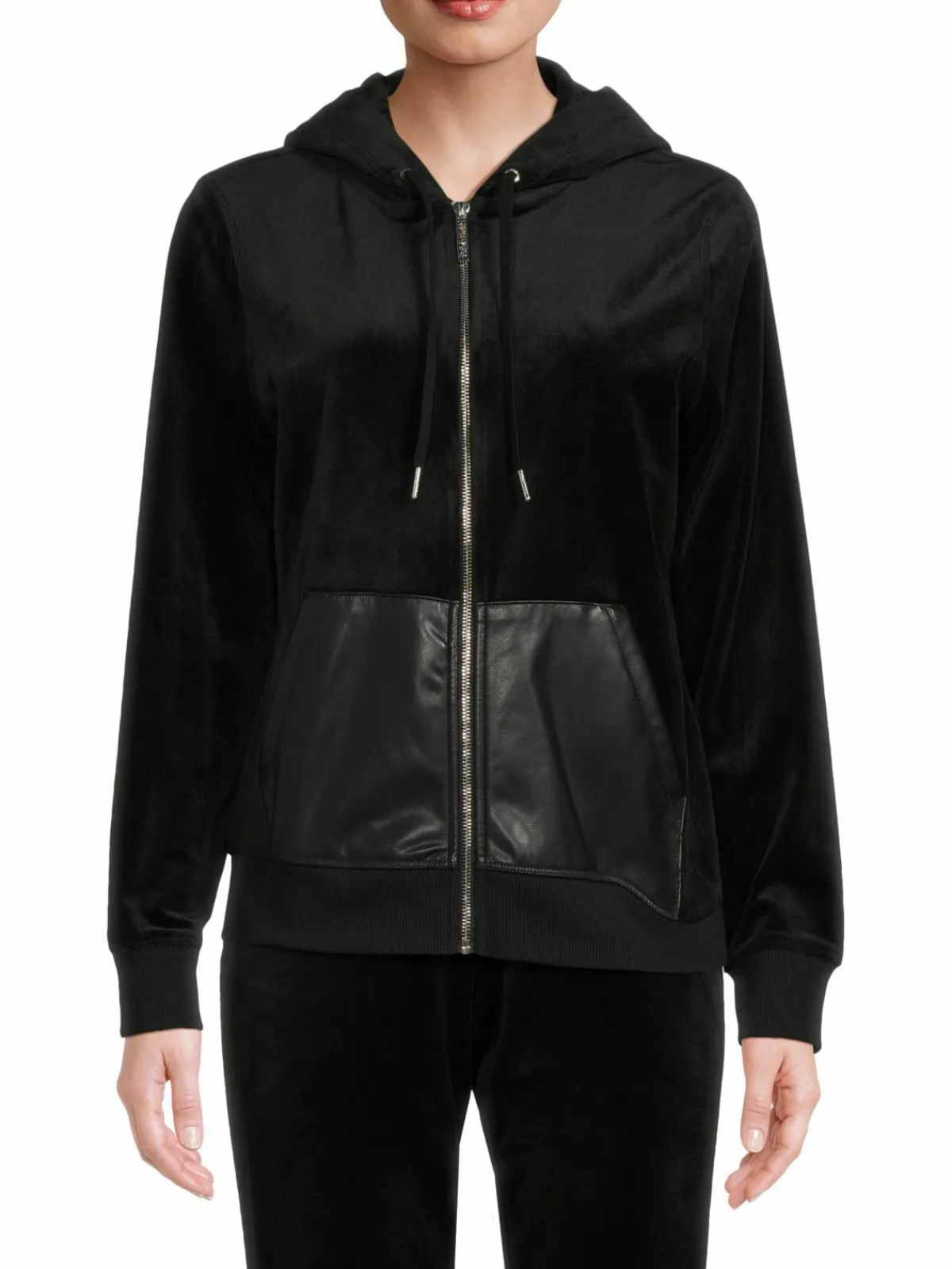 Women Calvin Klein Faux Leather Pocket Zip Front Hoodie