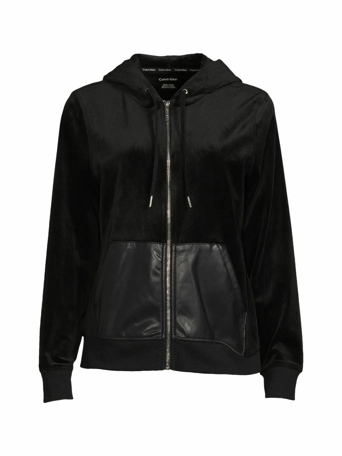 Women Calvin Klein Faux Leather Pocket Zip Front Hoodie