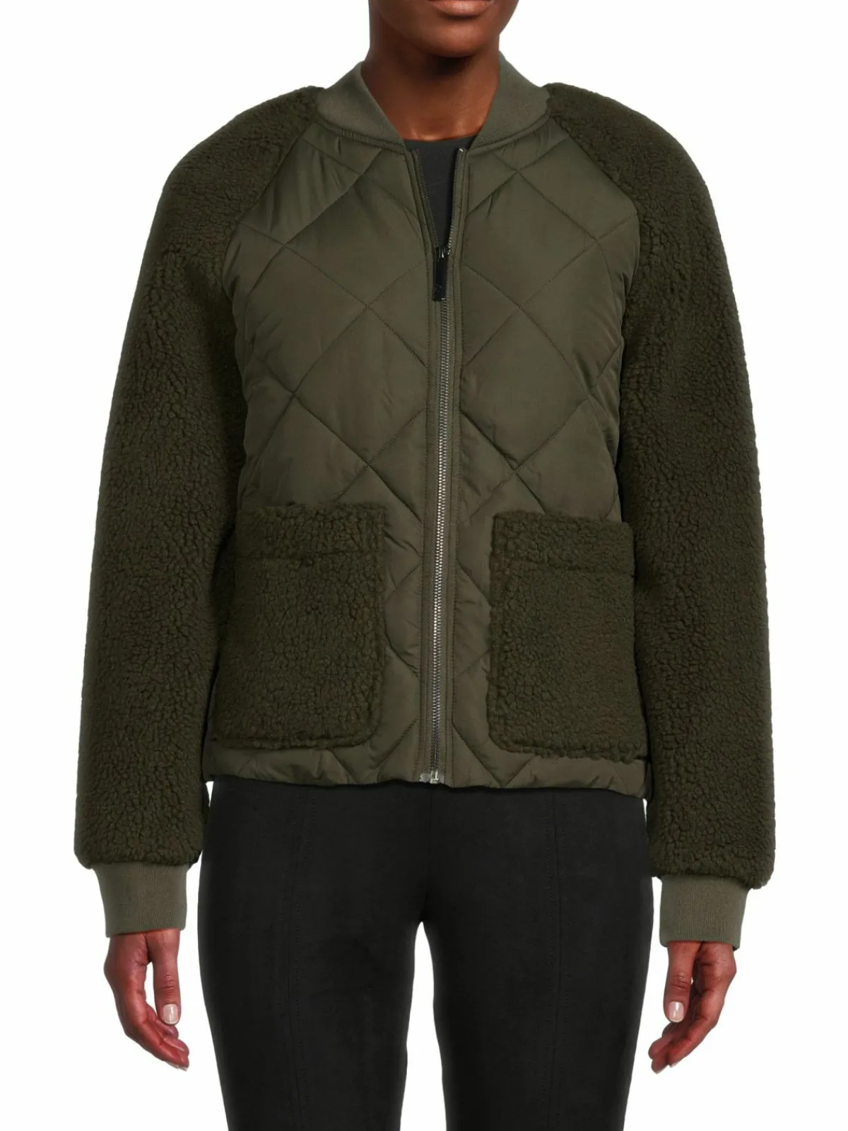 Women Andrew Marc Sport Faux Shearling Sleeve Quilted Jacket