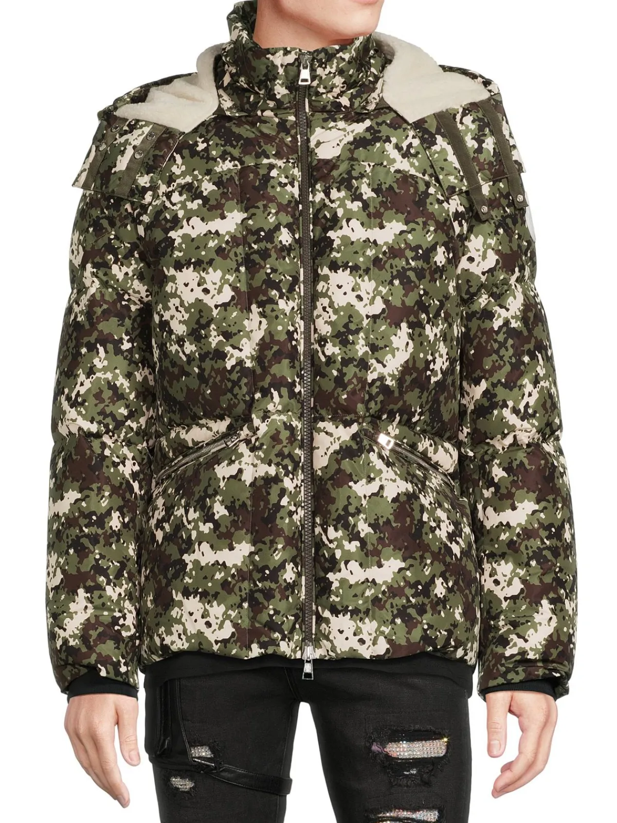 Moncler Coats & Jackets|Faux Shearling Trim Down Jacket Camo