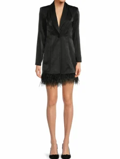 Women Aidan Mattox Feather Trim Satin Mini Tuxedo Dress