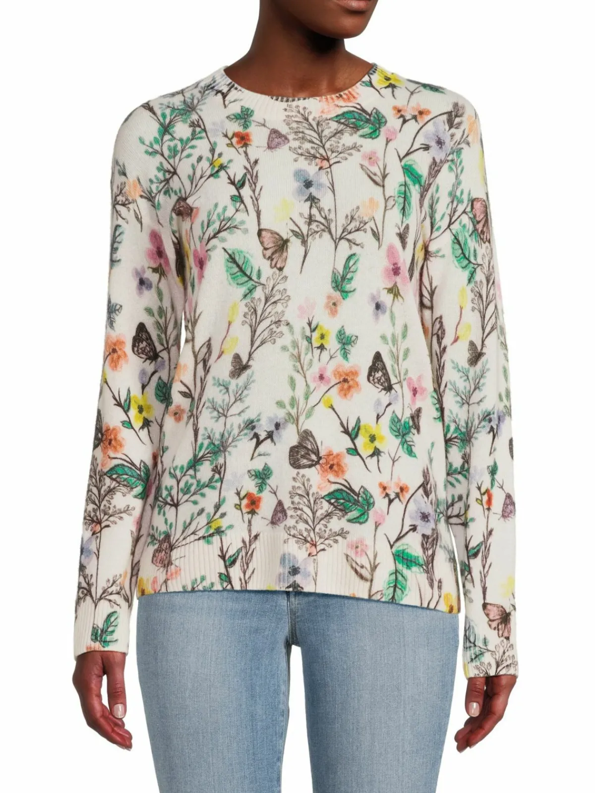 Women Saks Fifth Avenue Floral Crewneck Cashmere Sweater