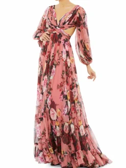 Women Mac Duggal Floral Draped Tie Back Gown