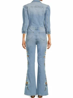 Women Driftwood Floral Embroidered Trim Denim Jumpsuit