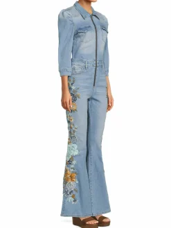 Women Driftwood Floral Embroidered Trim Denim Jumpsuit