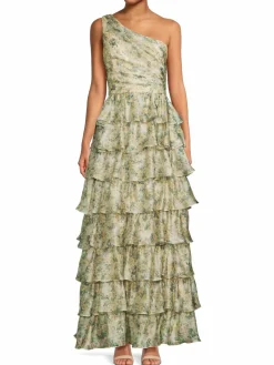 Women Mikael Aghal Floral One Shoulder Tiered Gown
