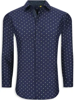 Azaro Uomo Dress Shirts|Geometric Print Shirt Navy Blue