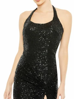 Women Mac Duggal Halterneck Sequin Slit Column Gown