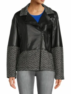 Women Karl Lagerfeld Paris Herringbone Wool Blend Faux Leather Moto Jacket