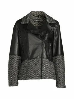 Women Karl Lagerfeld Paris Herringbone Wool Blend Faux Leather Moto Jacket
