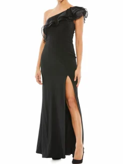 Women Mac Duggal High Slit Ruffle Trim One Shoulder Gown