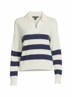 Women Saks Fifth Avenue Johnny Collar Striped Cashmere Polo