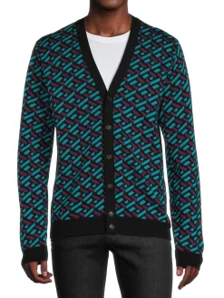 Versace Sweaters|La Greca Wool Blend Cardigan Teal Plum