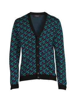 Versace Sweaters|La Greca Wool Blend Cardigan Teal Plum