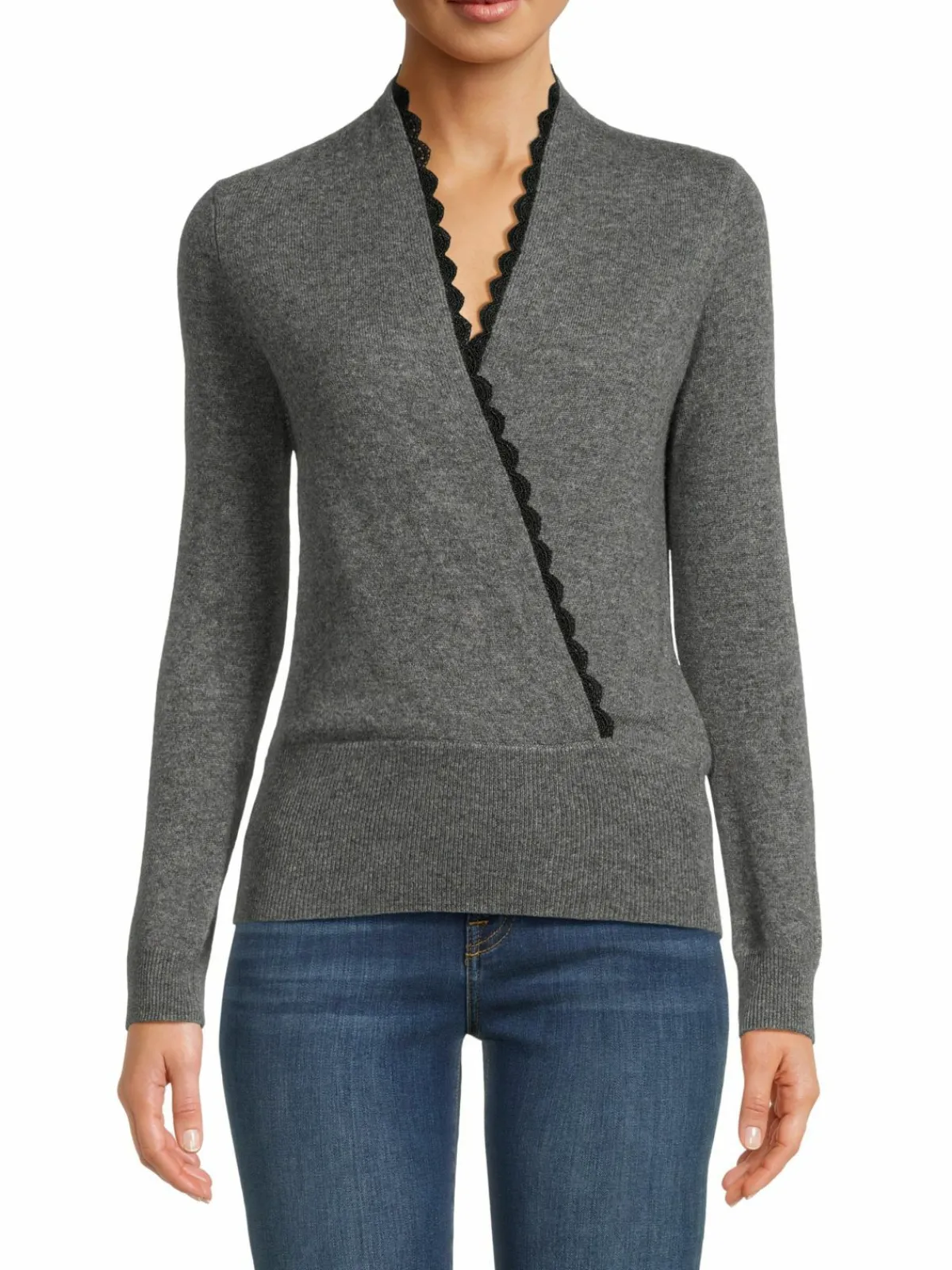 Women Sofia Cashmere Lace Trim Surplice Cashmere Sweater